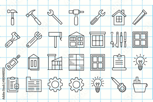 Collection of hand drawn construction and building icons on grid paper