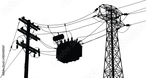 High Voltage Power Grid Connection Silhouette Vector: Electrical Utility Pole, Transmission Tower, and Large Substation Transformer Detail.