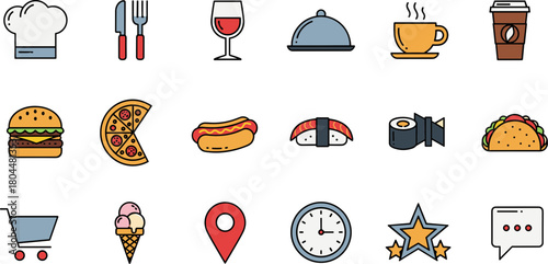 Set of colorful food and restaurant line icons on a white background.