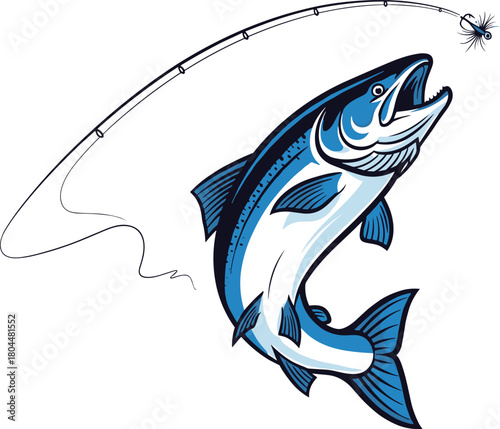 Fishing lure vector, leaping salmon illustration, sport fishing graphic, trout jumping image, dynamic fish motion, editable aquatic design, flat style