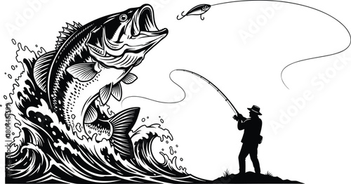 Fishing scene vector, largemouth bass jump, sport fishing moment, angler silhouette graphic, water splash illustration, editable flat design, icon art