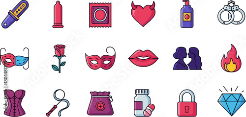 A diverse collection of colorful icons representing love sex and romance.