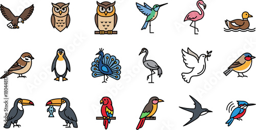 Diverse collection of colorful cartoon bird icons and illustrations.