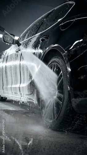 Fotografie High pressure water jet cleaning black sedan during car wash process