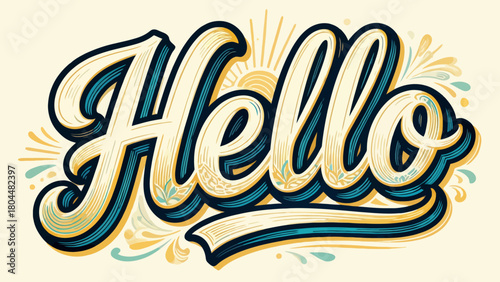 Creative art font "hello", font graphic design, hand-drawn vector illustration