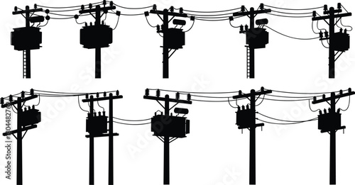 Electric Power Pole Silhouettes Vector Collection: Utility Transmission and Distribution Poles with Transformers, Lines, and Insulators.