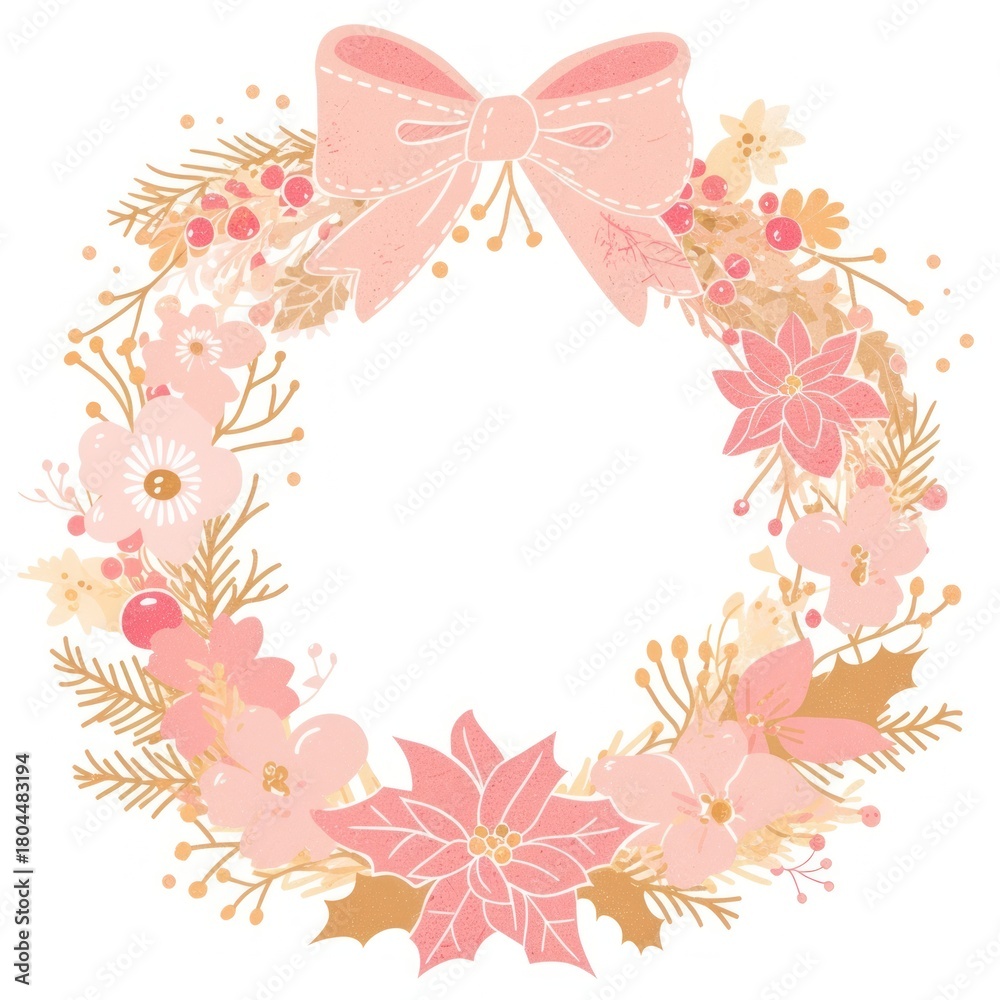 Obraz premium Cute pink christmas wreath art illustration decoration.
