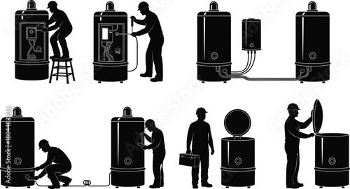 Professional technician maintenance and repair of industrial water heater or boiler system in various stages, black and white silhouette vector set.