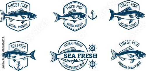 Seafood label vector, vintage fish emblem, premium quality badge, nautical icon design, editable flat illustration, black and white graphic
