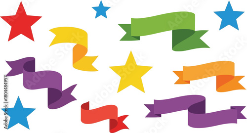 Colorful stars and ribbons floating on a white background for graphic design