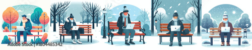 man with laptop on park bench in winter