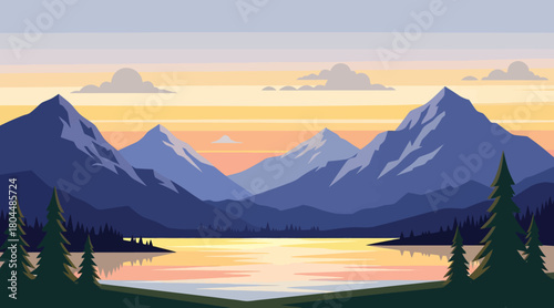 Stunning mountain sunset reflecting on calm lake water with serene sky perfect for backgrounds and travel promotions