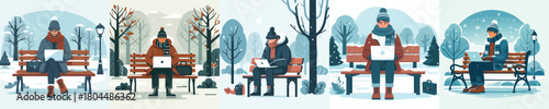 man with laptop on park bench in winter