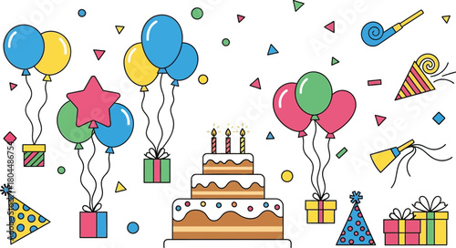 Festive birthday party celebration with cake balloons and colorful gifts