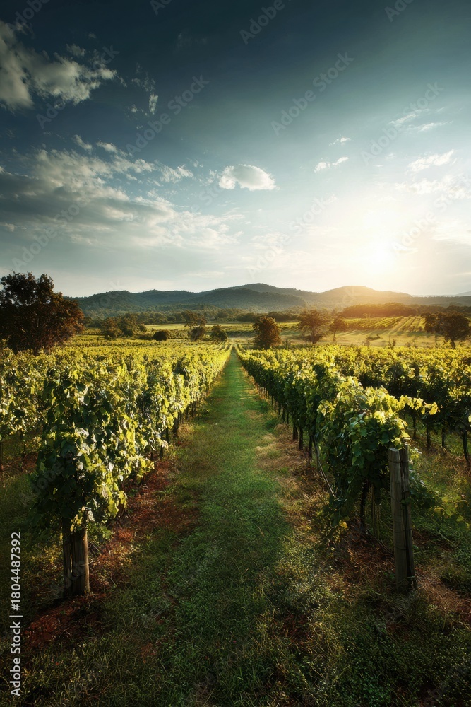 Naklejka premium Vineyard Landscape at Sunset With Rows of Grapevines Creating a Peaceful and Picturesque Scene