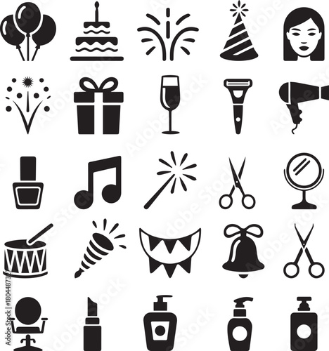Party, celebration, beauty, and personal care essential vector icon collection for various lifestyle designs