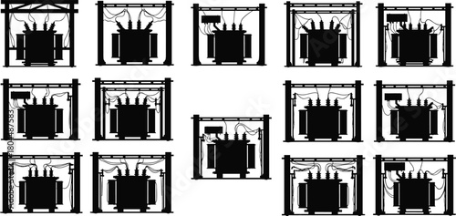 High Voltage Power Transformer Silhouette Vector Set: Electrical Substation Equipment, Industrial Energy Distribution, and Power Grid Elements.