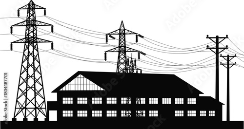 Here is the SEO-optimized title and keyword list for the power line and factory silhouette, tailored for Adobe Stock.