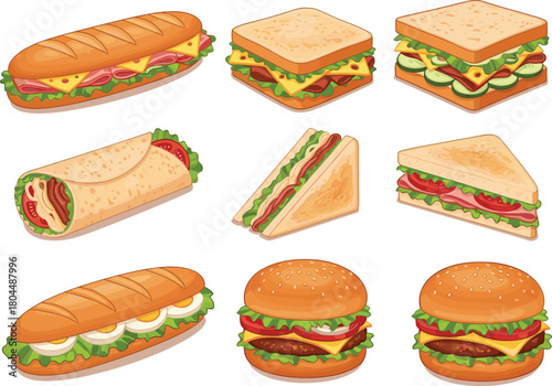 Vector collection of cartoon sandwiches, hamburgers, wraps, and baguettes with vegetables and cheese, isolated fast food icons for menu.