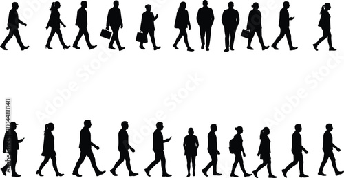 Silhouettes of people walking, urban pedestrians diverse figures, carrying bags backpacks phones, daily city life motion, cad drawing flat vector illustration