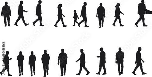 Silhouettes of people walking standing, multiple human figures in motion, casual postures daily activities, family child adult poses, cad drawing flat vector illustration