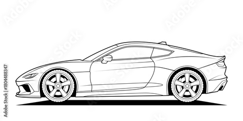 Black and white line art vector illustration of a sleek sports car, fictional street-racing coupe, from side view, ideal for coloring pages, design concepts or blueprints. Isolated on white background