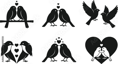 Vector set of love bird silhouettes featuring kissing couples, flying birds, and heart shapes for wedding or valentine design.