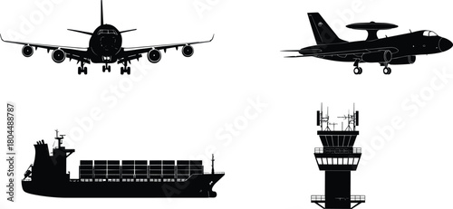 Vector silhouette collection of transportation vehicles including cargo ship, commercial airplane, military radar aircraft, and control tower.
