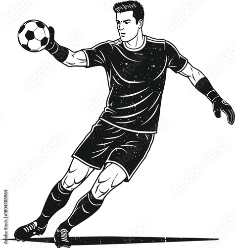 Soccer goalkeeper action pose, cad drawing flat vector illustration, football athlete sketch, sports artwork, black and white dynamic design