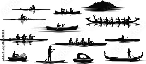 Vector Set of Canoeing, Kayaking, Rowing, Dragon Boat Racing, Gondola, and Stand-Up Paddleboarding Icons.