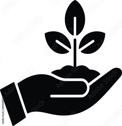 Hand holding plant sprout black silhouette vector icon, growth, care, and environment symbol, gardening and nature protection graphic