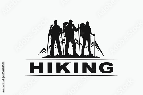 Silhouetted hikers with backpacks and poles ascend a mountain above bold hiking lettering