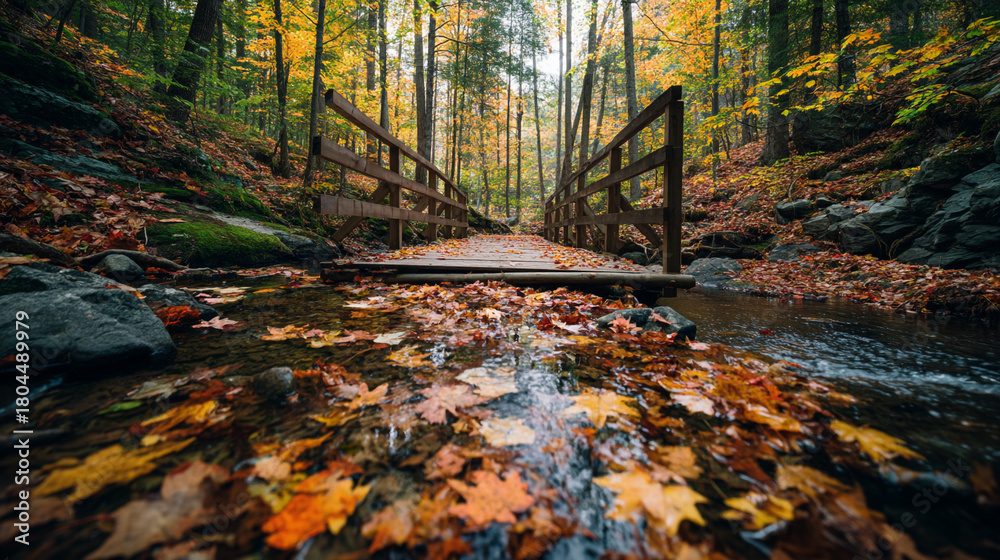 Naklejka premium A wooden bridge over a stream covered in autumn leaves in a dense forest setting view low angle
