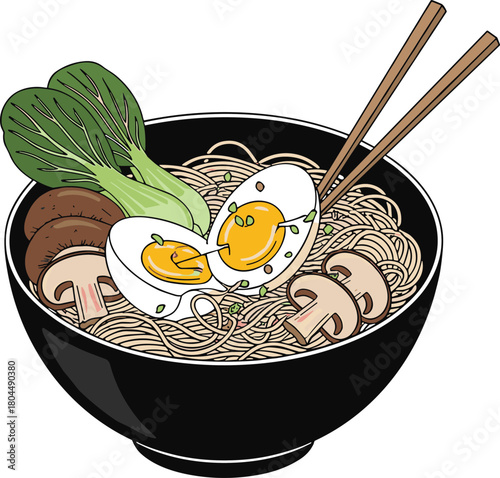 Stylized ramen bowl illustration with egg, mushrooms, bok choy, sprouts, chopsticks, Asian cuisine concept, top view, vibrant food art