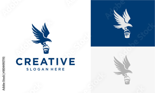 Soaring Creativity: A stylized eagle, symbolizing vision and power, clutches a bucket, its wings spread, accompanied by the word creative, representing a beacon of innovation and artistic expression.