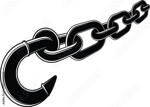 Heavy metal chain and lifting hook vector illustration, industrial black and white symbol, strong construction towing design graphic