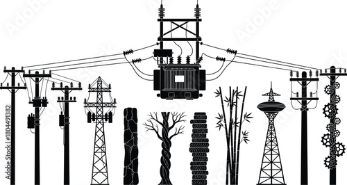 Electric Power Tower and Pole Silhouettes Vector Set: Substation Transformer, Lattice Towers, Bamboo, Tree, and Tire Texture Structures.