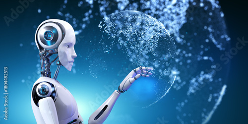 Futuristic AI Robot Connecting with Global Digital Network 3d render.
