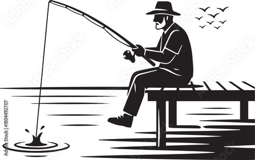 Elderly man fishing from a wooden dock with a rod, enjoying peaceful recreation on a tranquil lake or sea