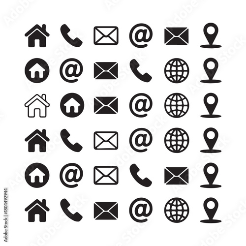 Home, Mail, Phone, Web & Location Icon Grid in Bold Minimal Style. Vector Illustration Eps 10