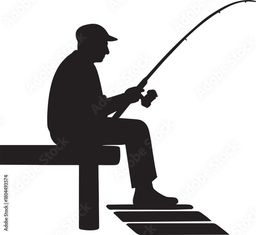 Silhouette of a man fishing, sitting on a dock or bench, enjoying his peaceful outdoor hobby and recreation activity