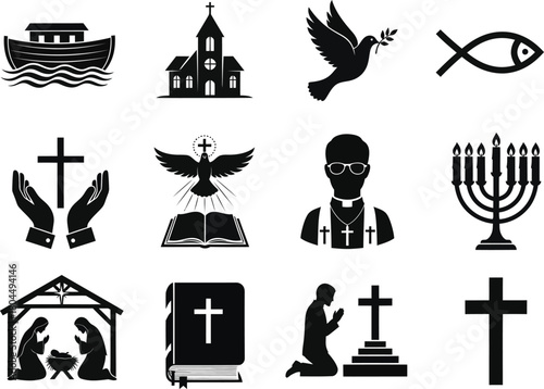Christian symbols vector set religious icons church priest bible cross eps silhouette