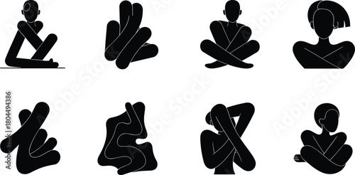 Collection of abstract black human figures in various seated poses and organic shapes