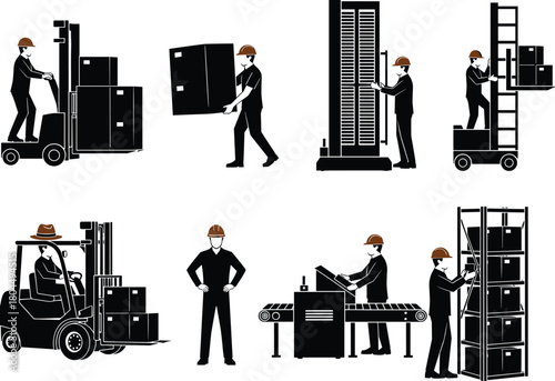 Black and white vector illustration collection of logistics workers operating machinery and organizing cargo inventory in industrial warehouse for shipping and freight delivery business