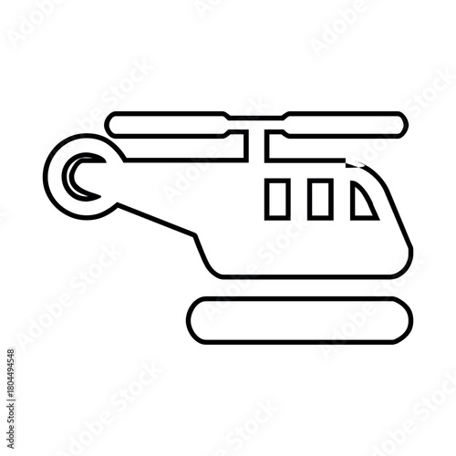 A simple line drawing of a helicopter with rotor blades and landing skids isolated on white background