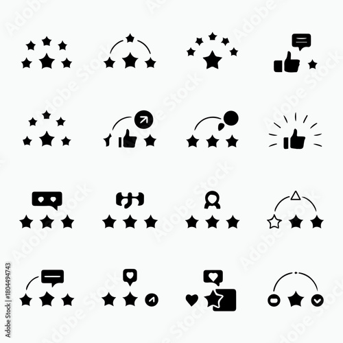 Collection of customer review icons featuring star ratings, feedback symbols, thumbs up, chat bubbles, and evaluation elements for quality assessment visuals