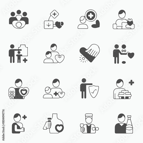 Comprehensive healthcare service icons illustrating medical support, family care, wellness assistance, patient protection, treatment guidance, emergency aid, and health monitoring solutions