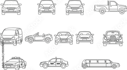 Collection of black line art vector vehicle illustrations featuring sedans trucks vans and police cars isolated on white background for coloring books and icons.