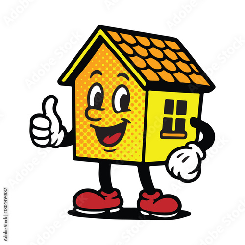 Joyful cartoon house character gives a thumbs up, radiating positivity and approval for real estate success and home ownership dreams.