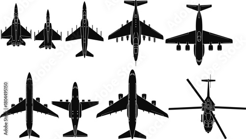Collection of black vector silhouettes featuring top views of military fighter jets commercial airliners and helicopter for aviation industry design and air transport concepts.